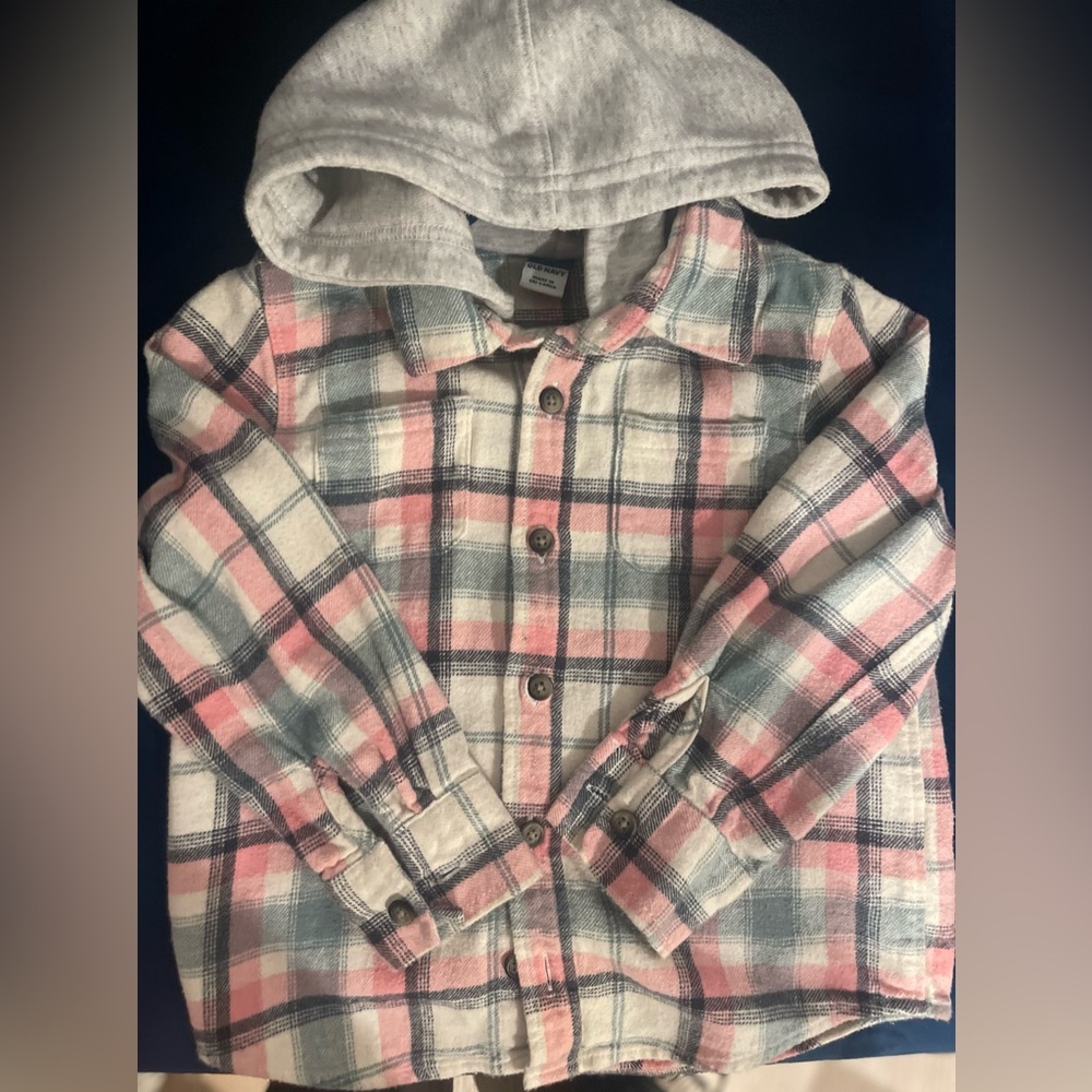 Old Navy Pink/Grey/Plaid Button up with Grey Hood attached